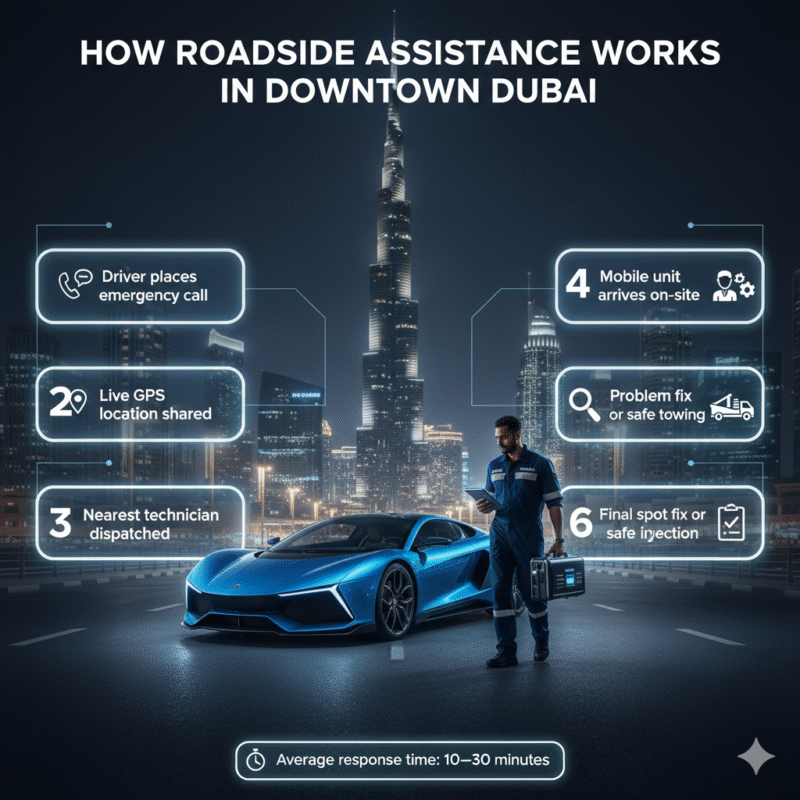 Step-by-step infographic showing Downtown Dubai roadside assistance process with luxury car and technician