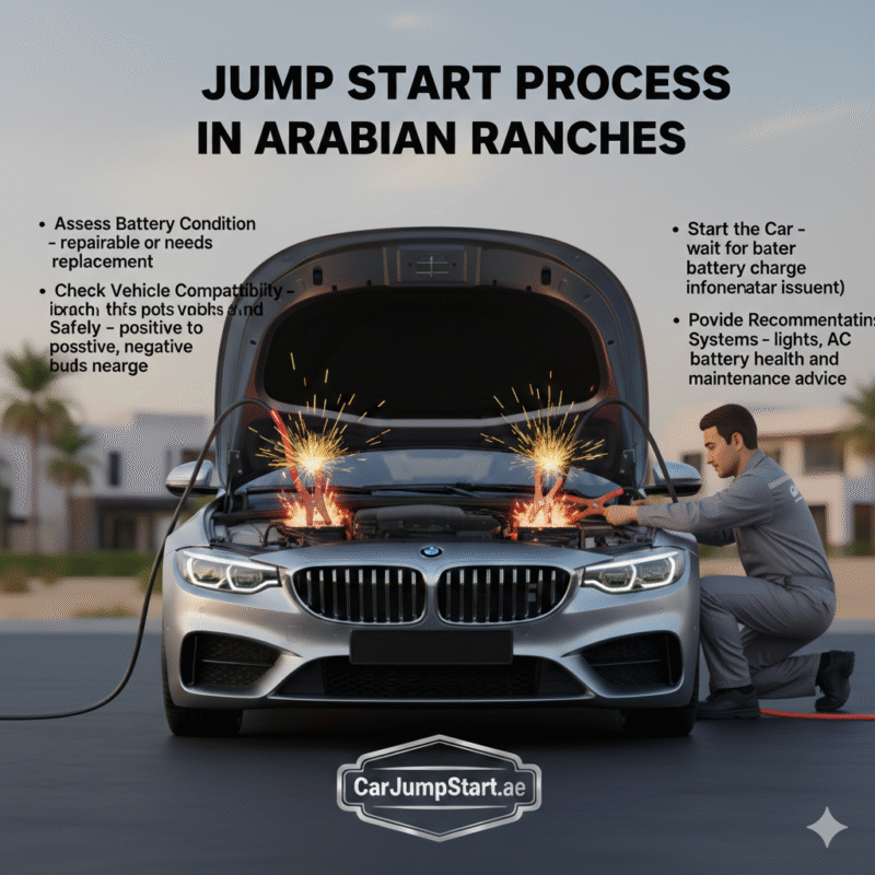 "Jump Start Process in Arabian Ranches showing a technician jump-starting a car with key steps displayed on the sides and a professional brand logo."