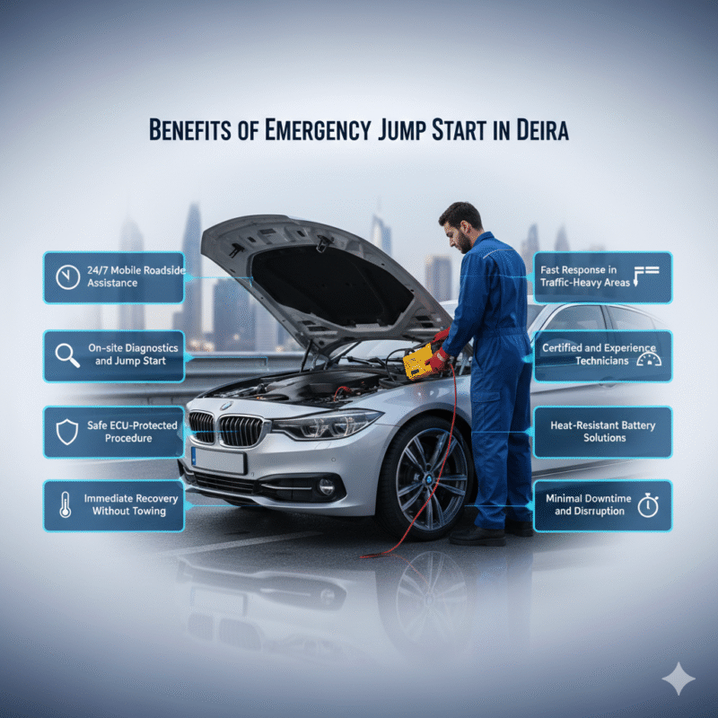 Visual infographic highlighting the benefits of emergency jump start in Deira, with key points on sides and a central roadside technician performing battery service.