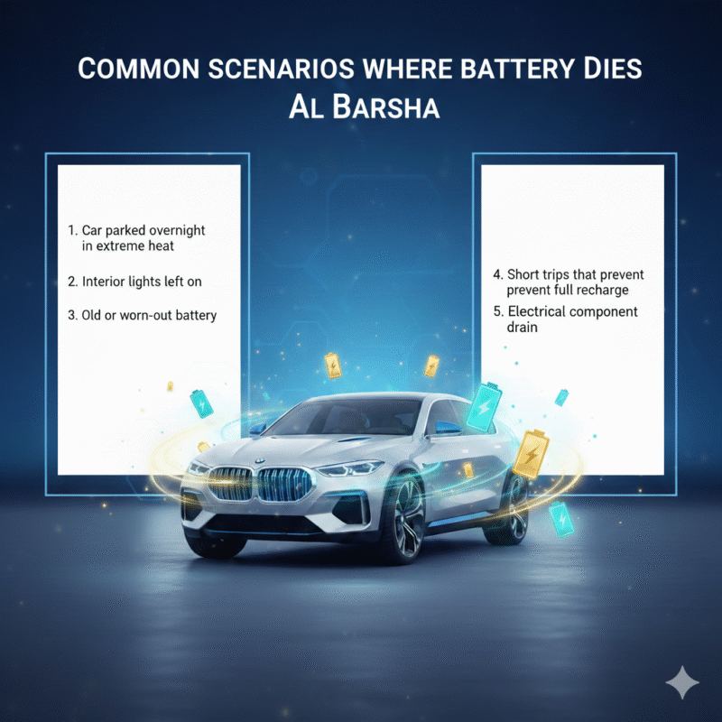 Feature image showing 'Common Scenarios Where Battery Dies in Al Barsha' title at the top, a luxury car in the center with glowing battery symbols, and key scenarios displayed on the left and right sides.
