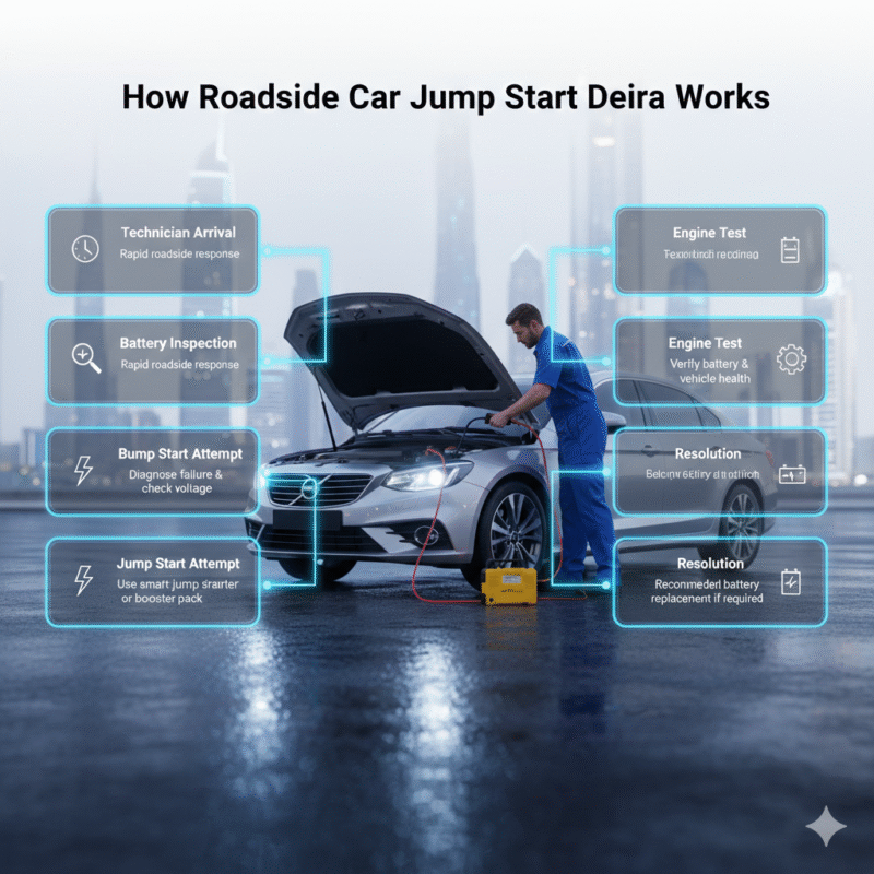 Visual infographic showing step-by-step workflow of Roadside Car Jump Start Deira with title at the top, key steps highlighted on sides, and central roadside technician performing battery recovery.