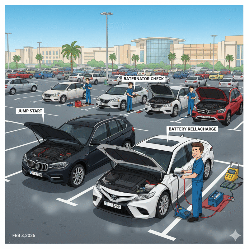 Multiple cars in Dubai mall parking with battery issues: Toyota Camry jump-started, BMW X5 battery replaced, Nissan Altima alternator checked, Mercedes GLC receiving portable battery charge, Dubai mall in background.