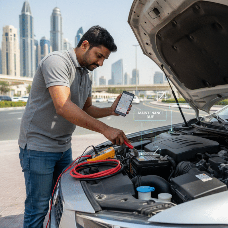 Dubai driver testing car battery, cleaning terminals, arranging high-quality jumper cables, checking alternator and electrical system, using GPS for roadside service