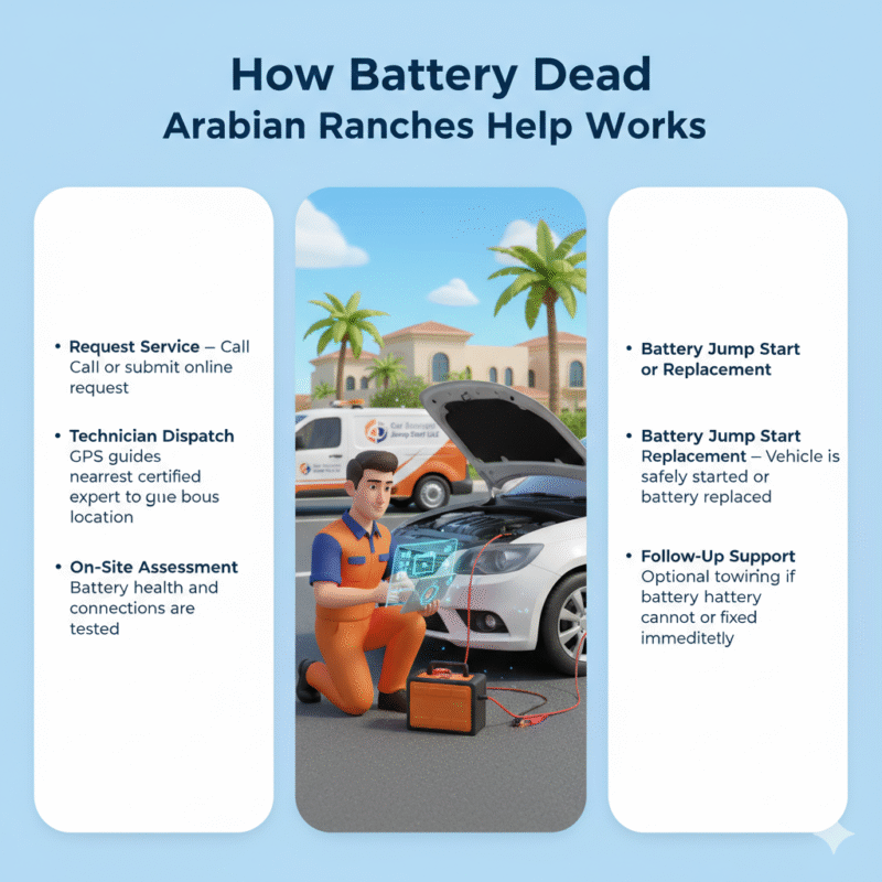 "Animated 3D illustration showing a technician performing battery dead assistance in Arabian Ranches, with side spaces for workflow points and Car Jump Start UAE branding."
