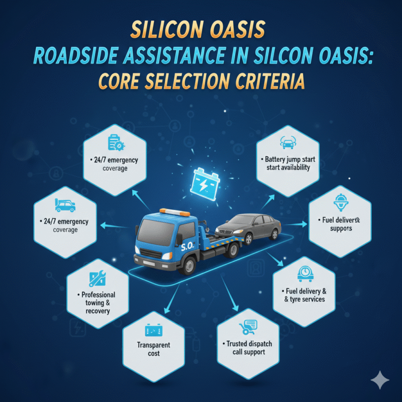 Animated infographic showing "Roadside Assistance in Silicon Oasis" with central brand visual and key selection criteria displayed on sides.