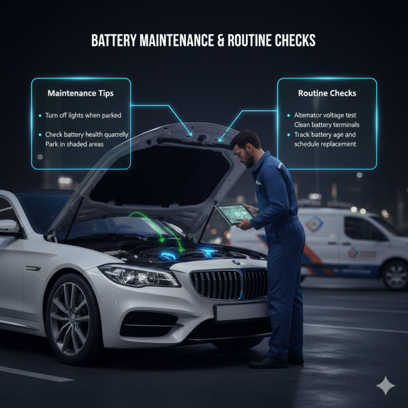 Infographic illustrating battery maintenance and routine checks, including turning off lights, checking battery health, alternator test, and terminal cleaning