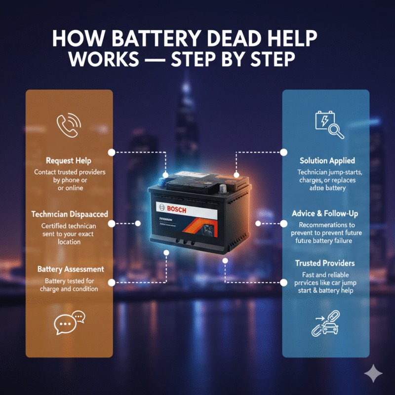 “Animated-style feature image showing step-by-step process for battery dead help in Dubai Silicon Oasis, with title on top, central premium car or battery image, and key steps displayed on sides with icons.”