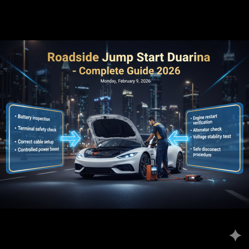 Professional roadside jump start technician boosting car battery in Dubai Marina with infographic safety process guide