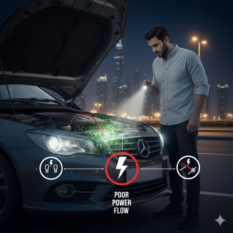Illustration of car battery terminals corroded and loose, causing late-night battery failure in Dubai
