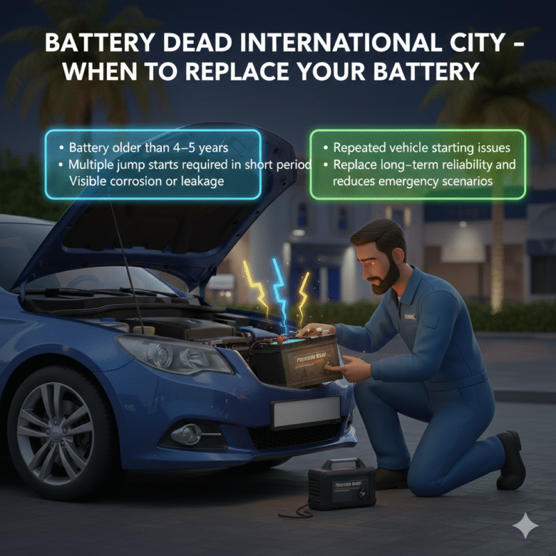 Animated-style illustration of a professional technician replacing a car battery in International City Dubai. Title "Battery Dead International City – When to Replace Your Battery" is at the top. Key replacement indicators are displayed on the sides as bullet points.