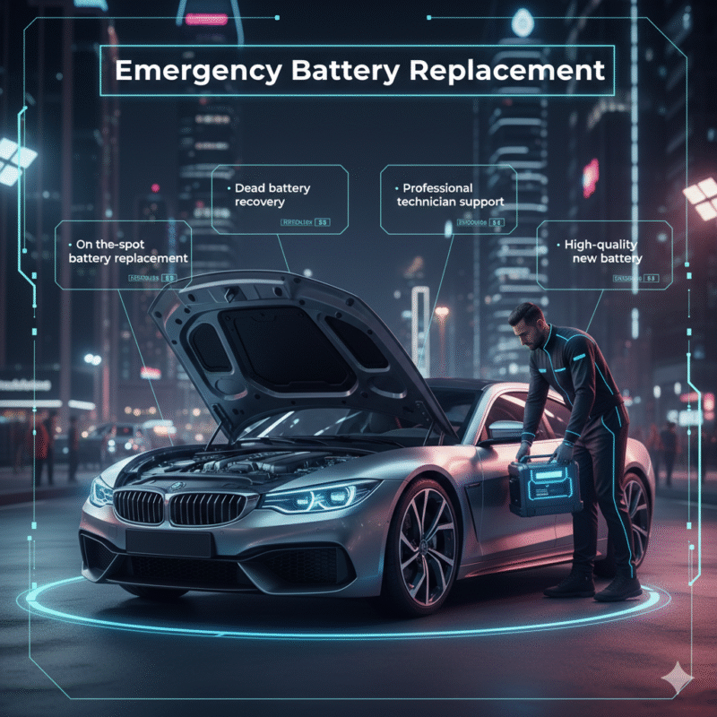 Emergency car battery replacement service with technician installing a new battery