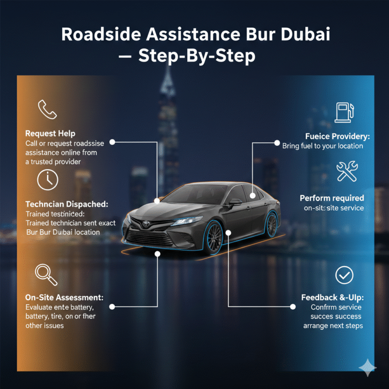 “Animated-style feature image showing step-by-step process of roadside assistance in Bur Dubai, title on top, central premium car or battery image, step-by-step points displayed on sides with icons.”