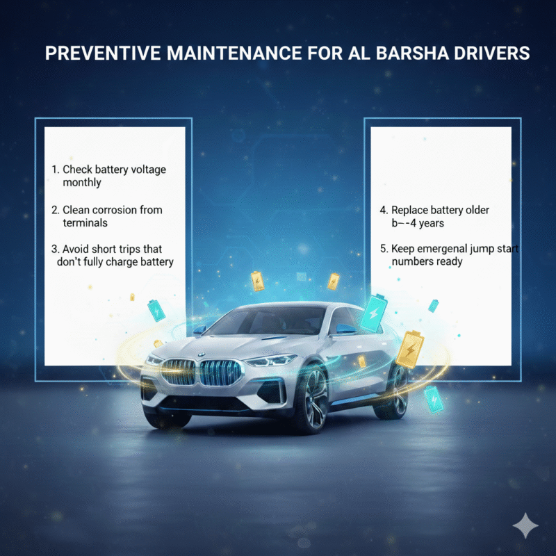Feature image showing 'Preventive Maintenance for Al Barsha Drivers' title at the top, luxury car in the center with glowing battery symbols, and preventive maintenance tips displayed on the left and right sides.
