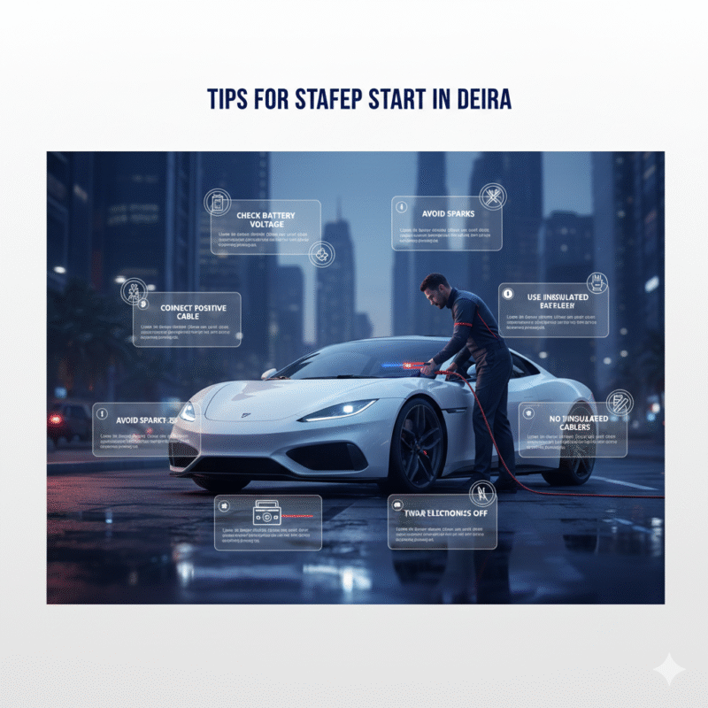 Visual infographic showing safe car jump start tips with technician wearing safety gear and labeled instructions around the vehicle.