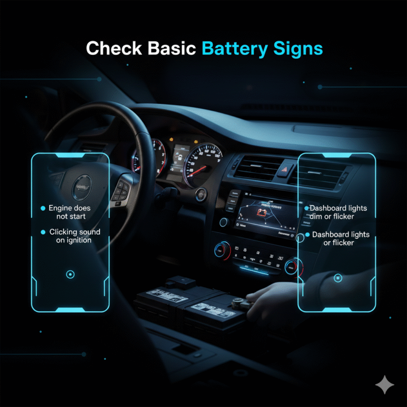 Visual guide showing basic signs of a dead car battery including engine failure and dim dashboard lights