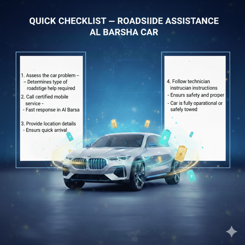 Feature image showing 'Quick Checklist — Roadside Assistance Al Barsha Car' title at the top, luxury car in the center with glowing service symbols, and checklist steps displayed on the left and right sides.