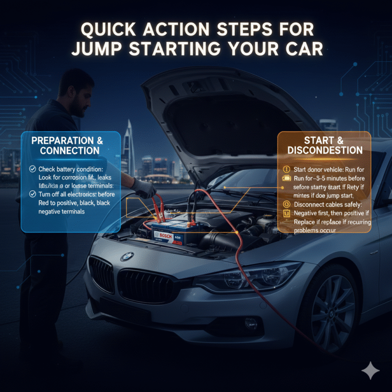 “User guide illustration showing the title at the top, quick jump start steps on the sides, and an animated car jump start scene with a brand logo in the center.”