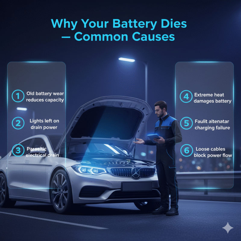 Infographic image explaining why car batteries die with key causes and automotive battery visual guide