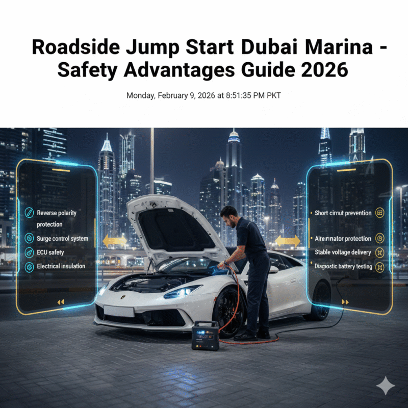 Professional roadside jump start service showing certified safety advantages for luxury vehicles in Dubai Marina