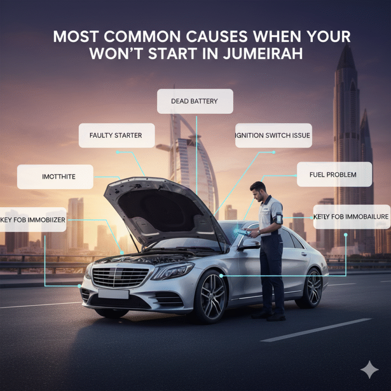 Common causes car won’t start in Jumeirah roadside technician diagnosing vehicle battery problem