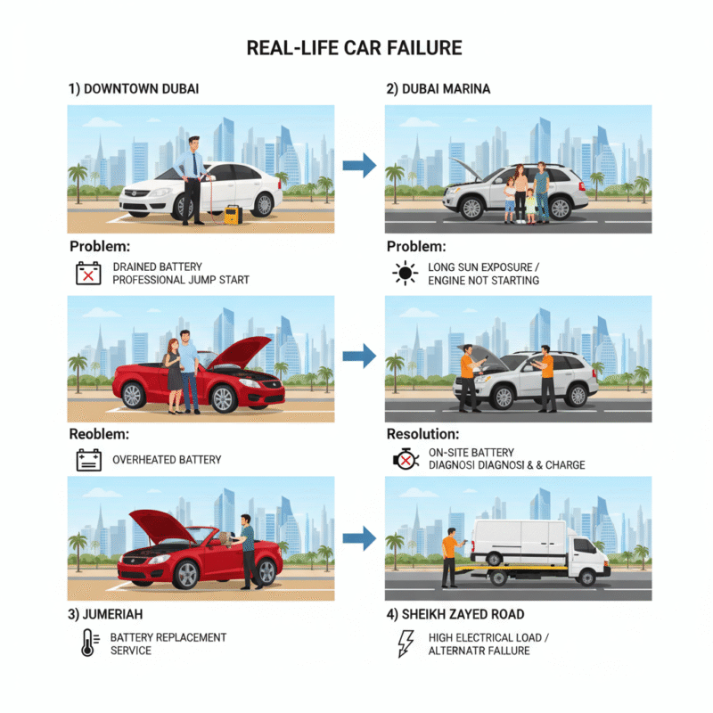 Infographic showing four real Dubai car battery failure cases in heat with professional roadside assistance solutions.