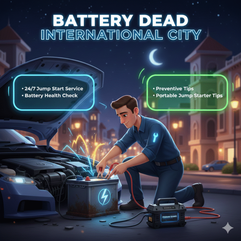 Illustration of a car battery being jump-started by a professional technician in International City, Dubai. Title "Battery Dead International City" at the top, with key points like 24/7 jump start, battery health checks, and preventive tips displayed neatly on sides.