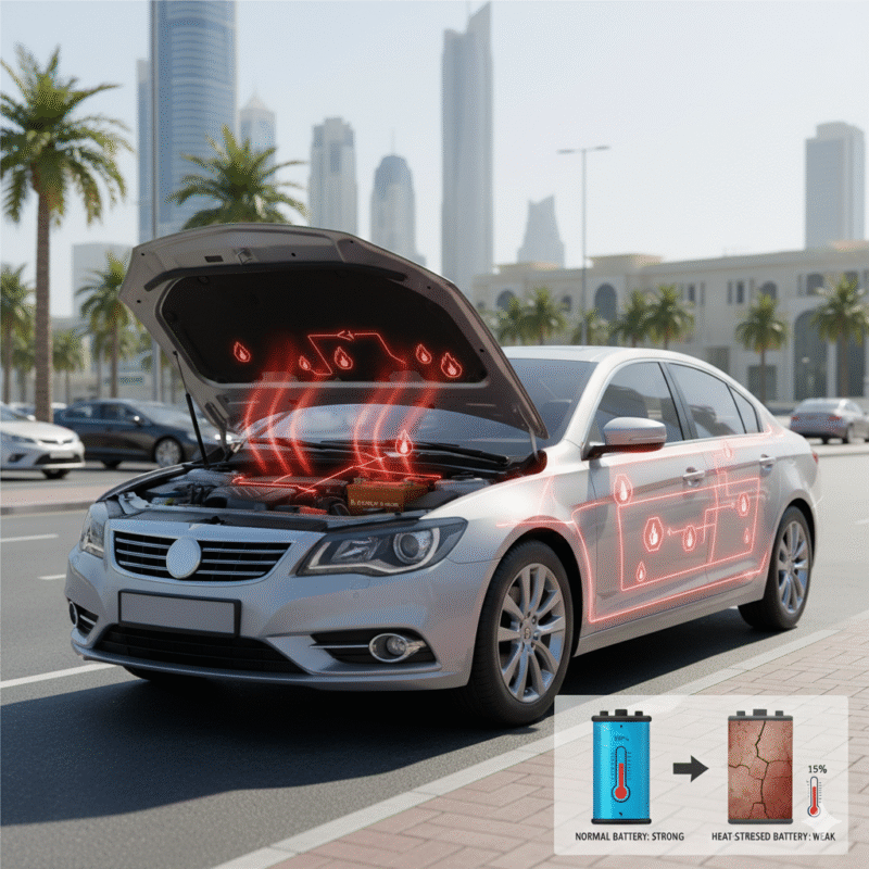Illustration of a car battery overheating and failing during errands in Dubai due to extreme heat.