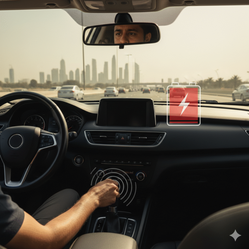Car with dark dashboard, engine won’t crank, and clicking at ignition illustrating battery failed without warning Dubai
