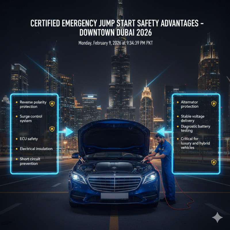 Professional certified emergency jump start safety features in Downtown Dubai illustrated with luxury car and certified technician