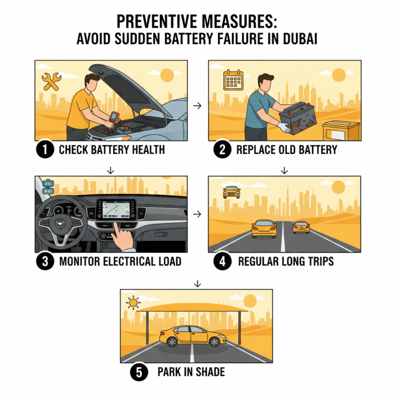 Infographic illustrating battery checks, replacement, electrical load monitoring, longer drives, and shaded parking to prevent battery failed without warning Dubai