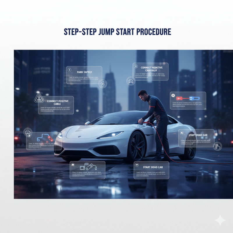Step-by-step car jump start visual guide showing technician connecting cables with labeled safety instructions in infographic layout.
