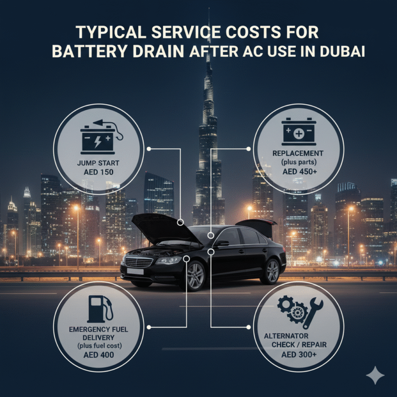 Illustration showing roadside service costs for jump start, battery replacement, alternator check, and fuel delivery for cars with battery drained after AC use in Dubai