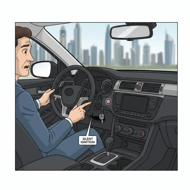 Close-up of driver checking dashboard with no electrical response in a dead car Dubai scenario