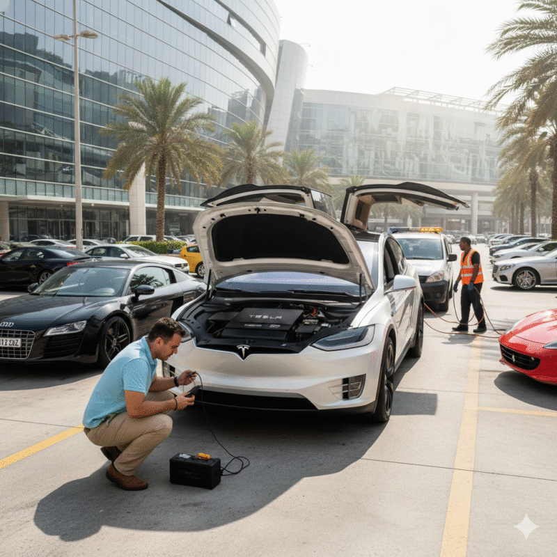 Car battery dead in Dubai mall parking, driver inspecting battery, mobile jump start service approaching, bright daylight, urban Dubai background.