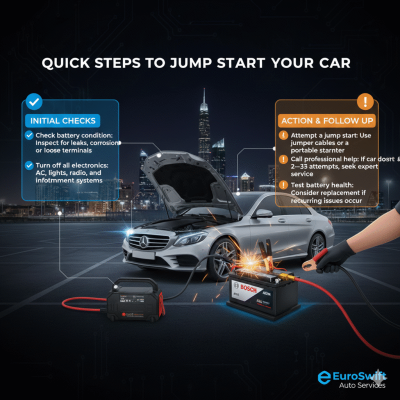 “User guide illustration showing the title at the top, key jump start steps on the sides, and a central animated car jump start scene with a brand logo in the center.”