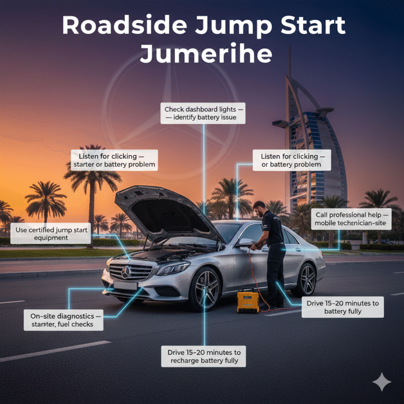 Luxury car stalled on Jumeirah street with roadside technician performing jump start, infographic showing step-by-step roadside jump start points