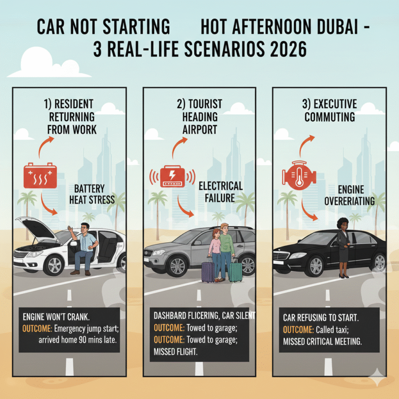 Infographic showing resident, tourist, and executive scenarios with battery heat stress, electrical failure, and engine overheating causing car not starting hot afternoon Dubai 2026