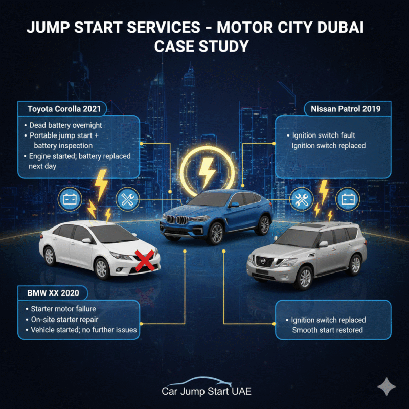 "Case study illustration showing professional jump start services in Motor City Dubai with table points on sides and a central animated car illustration."