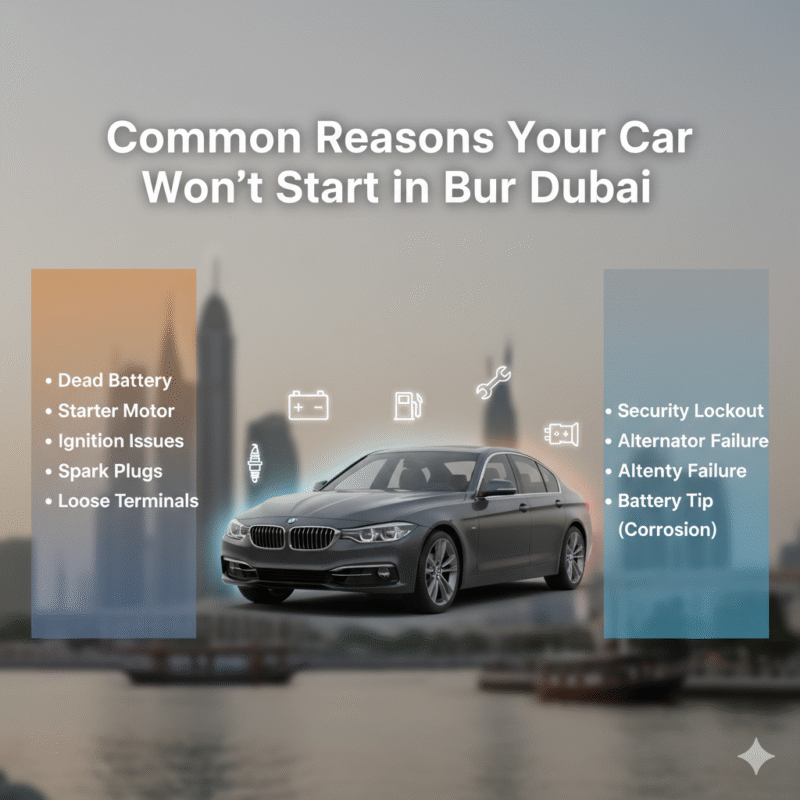 Animated-style infographic of a car in Bur Dubai with the title “Common Reasons Your Car Won’t Start in Bur Dubai” at the top. Side panels show key points like Dead Battery, Starter Motor, Ignition Problems, Fuel System Issues, Spark Plug Failure, Security Lockout, Alternator Failure, and Loose Terminals. Central car image is highlighted with animated icons.
