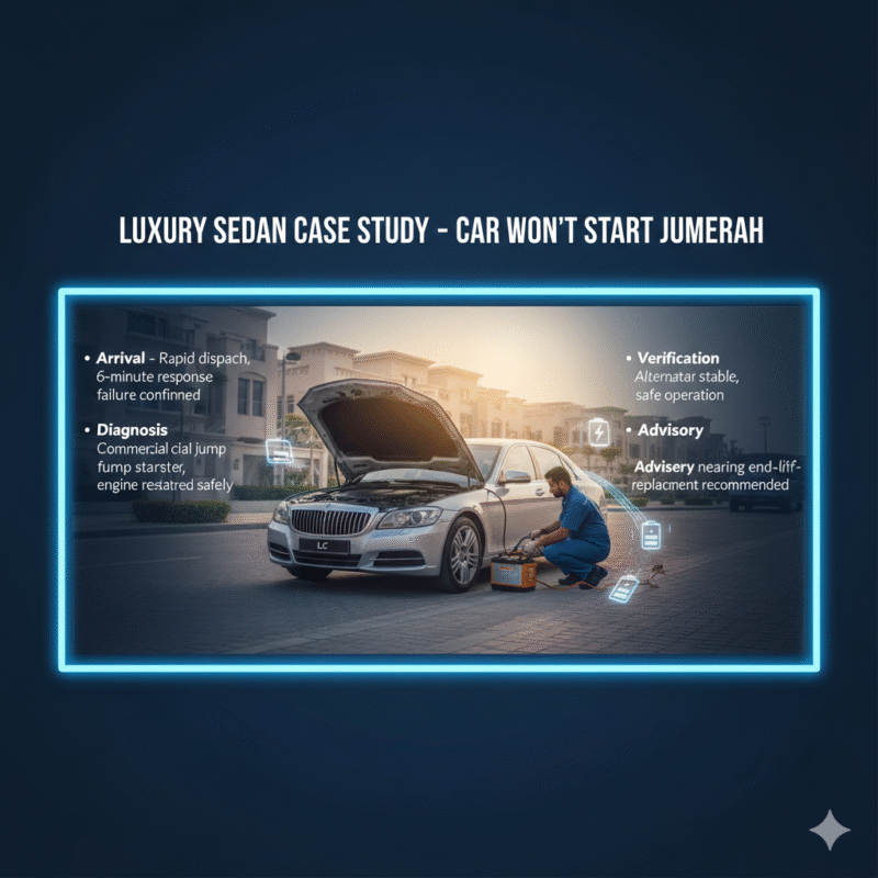"Premium feature image showing a luxury sedan case study in Jumeirah, with title on top, side bullet points summarizing technician actions and results, and central luxury vehicle scene with animated energy highlights."