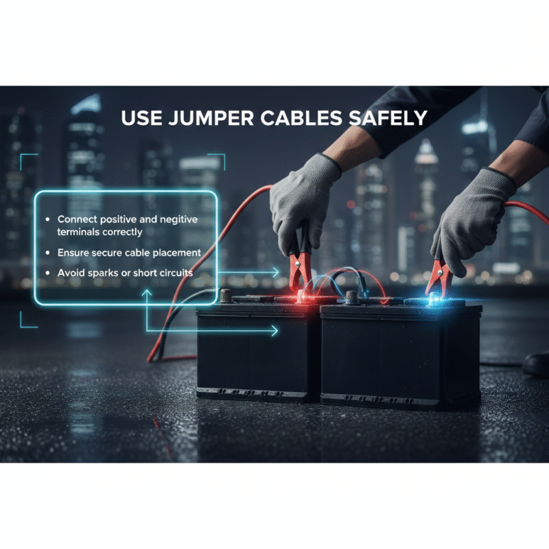 Infographic showing safe jumper cable connection with key steps like correct polarity, secure placement, and avoiding sparks