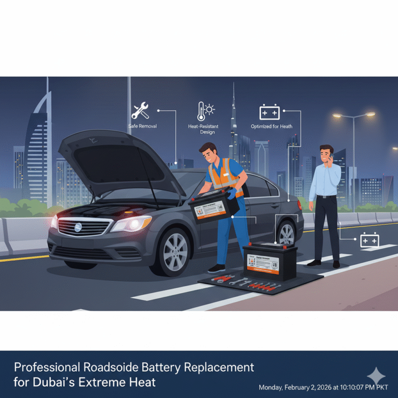 Technician replacing old battery with heat-resistant battery on a stranded car on Dubai roadside.