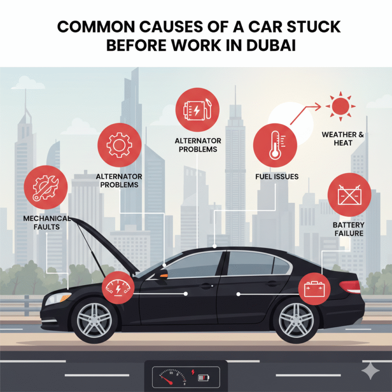 Illustration of a car stuck before work in Dubai with labeled causes including battery failure, alternator issues, low fuel, mechanical faults, and heat effects
