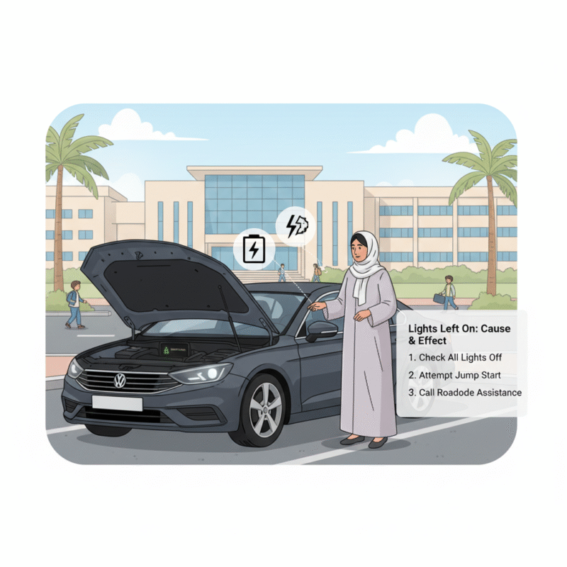 Illustration of a car with lights left on causing a drained battery in Dubai, with parent checking dashboard and hood open