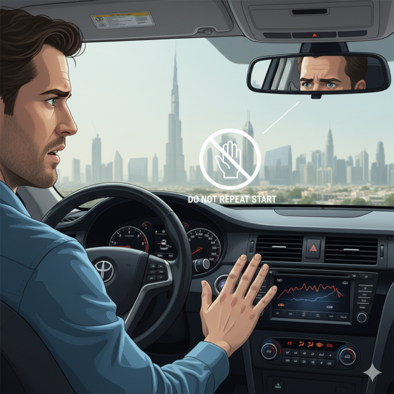 Driver avoiding repeated ignition attempts in a dead car emergency in Dubai