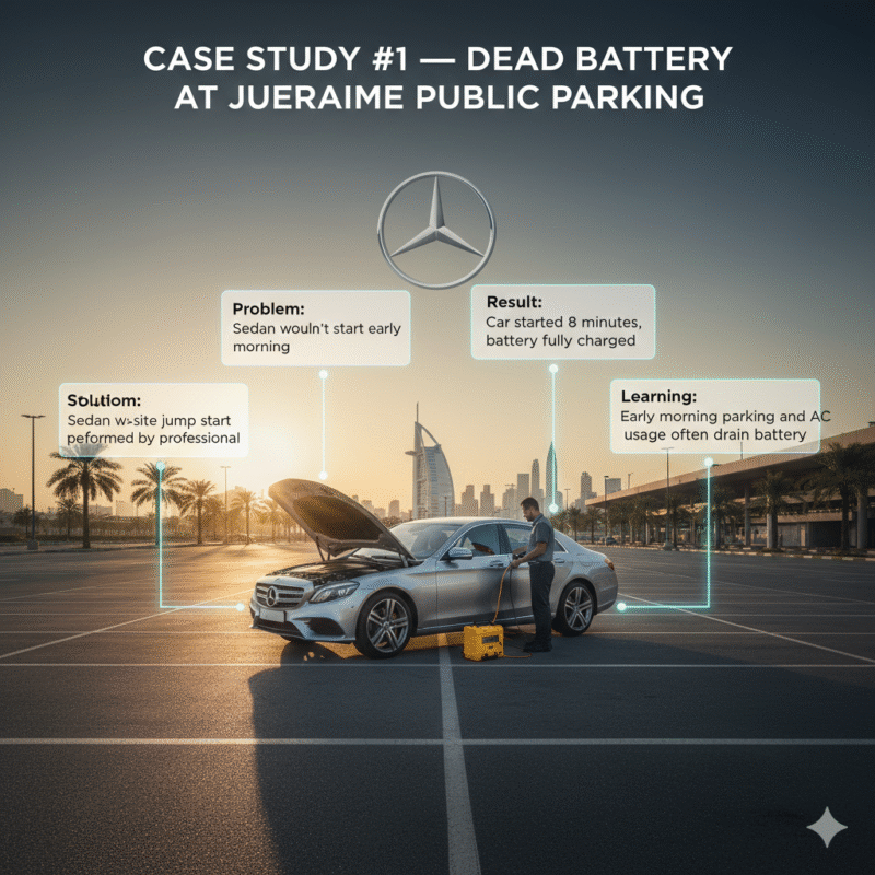 Luxury sedan at Jumeirah public parking with roadside technician performing jump start, infographic showing case study details including problem, solution, result, and learning