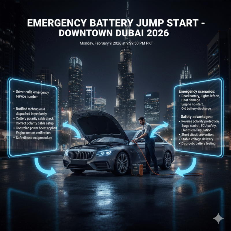 Emergency battery jump start process in Downtown Dubai showing certified technician performing safe battery boost with infographic points