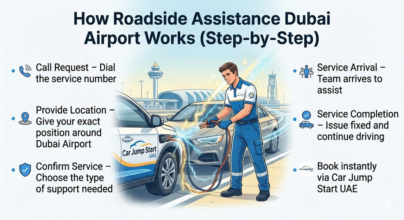 "Step-by-step guide illustration for Roadside Assistance Dubai Airport showing a Car Jump Start UAE technician assisting a car, with step points displayed on the sides."