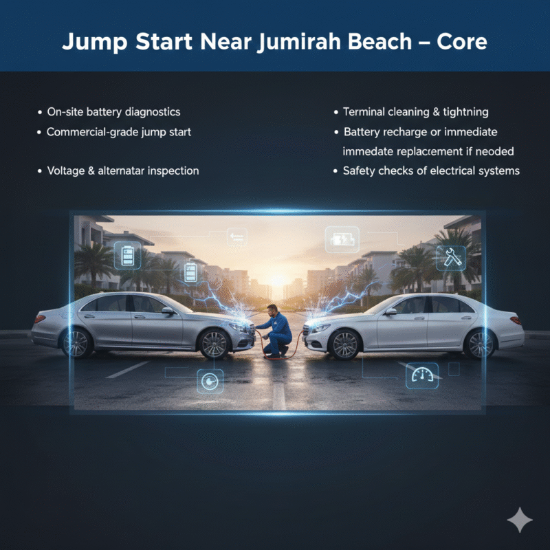"Premium feature image showing Jump Start Near Jumeirah Beach core services with title at top, key points on sides, and central luxury vehicle or technician scene with animated highlights."