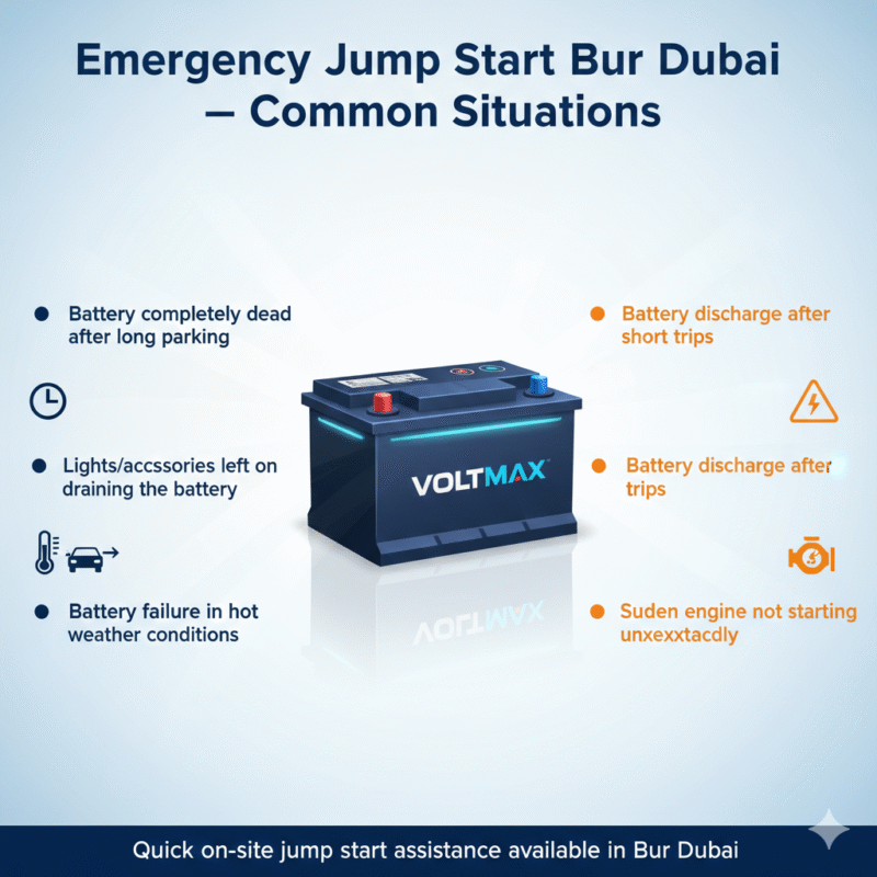 “Animated-style feature image showing common situations requiring emergency jump start in Bur Dubai, title on top, premium battery in center, situations displayed on sides with icons.”